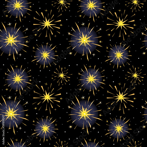 Yellow burning sparklers isolated on black. Indian firework with gold sparks, snowflakes and glow. Colorful seamless pattern for design banner, flyer, card for party, celebration. Vector