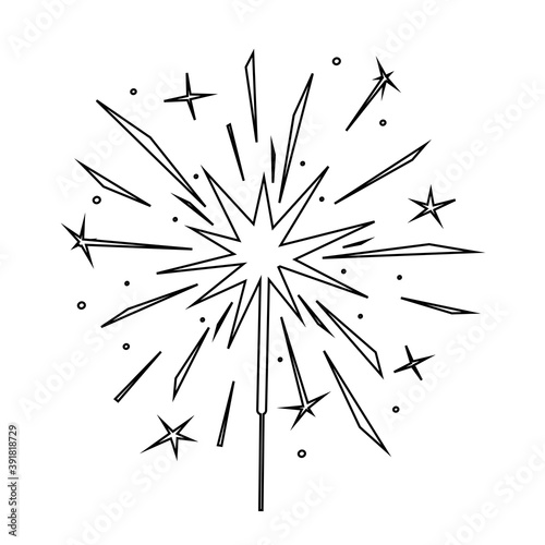 Black outline burning sparkler silhouette isolated on white. Indian fireworks with sparks and glow. Element for design banner, flyer, card, background for party, celebration. Vector illustration.