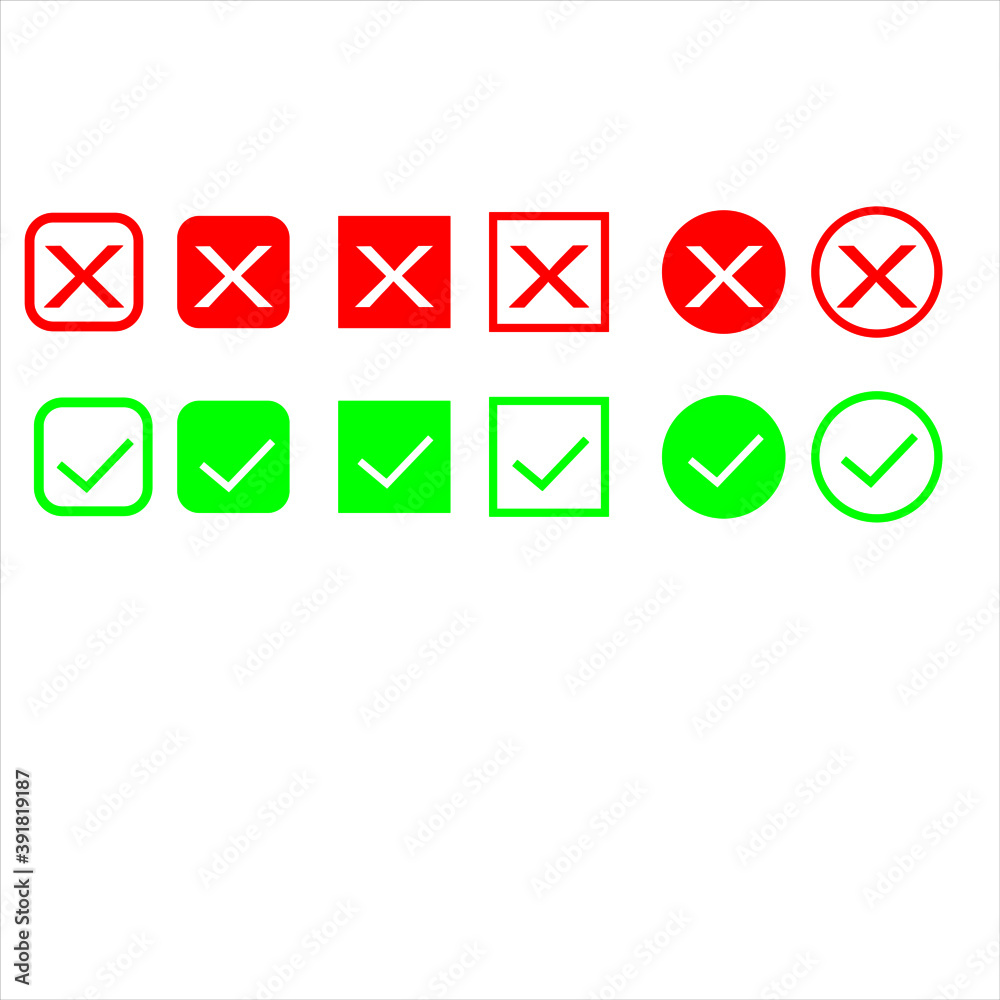 Check mark and red cross icon set. Circle and square.