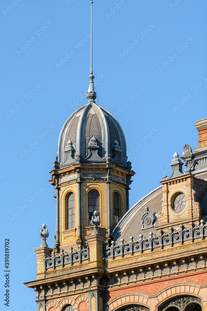  West Railway Station in Budapest. Hungary. Railway station Nyugati. Passenger station. Rail transport in Budapest. The station is located on the Eiffel square.