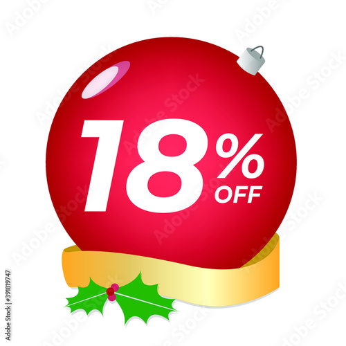 18% off. Eighteen percent discount. Christmas sale banner. Red bubble with ornaments on a white background vector.
