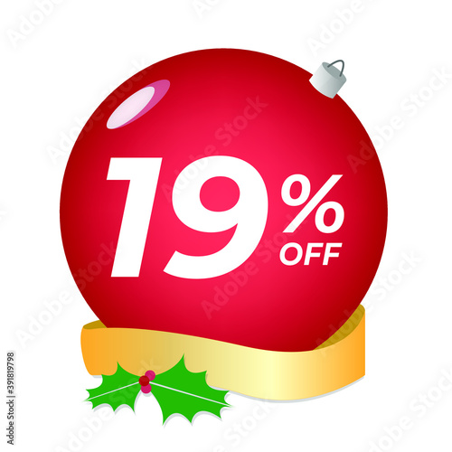 19% off. Nineteen percent discount. Christmas sale banner. Red bubble with ornaments on a white background vector.