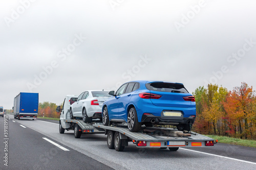 Truck transporter carrying new cars on road. Colorful autumn trees background