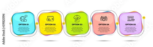 Marketplace, Buying accessory and T-shirt design line icons set. Timeline process flowchart. Laureate medal sign. Shopping store, Wallet with coins, Painting. Laurel wreath. Business set. Vector