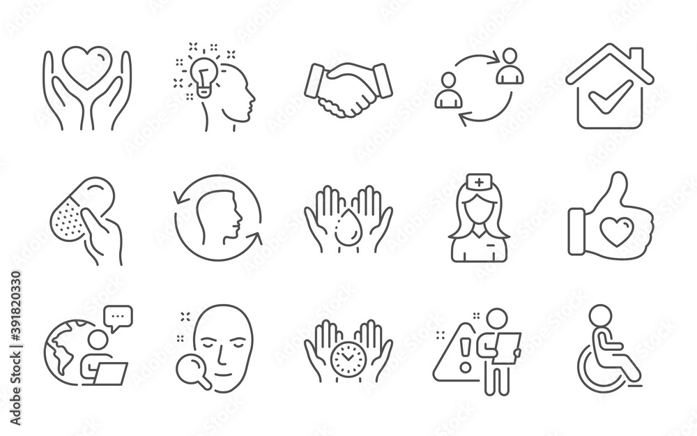 Capsule pill, Disabled and Safe time line icons set. Handshake, Face search and User communication signs. Idea, Like hand and Face id symbols. Wash hands, Hospital nurse and Hold heart. Vector Capsule pill, Disabled and Safe time line icons set. Handshake, Face search and User communication signs. Idea, Like hand and Face id symbols. Wash hands, Hospital nurse and Hold heart. Vector