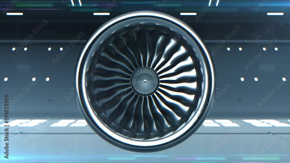 Close-up 3d Animated of Digitalization Turbine Jet Engine. Concept  Visualization of Futuristic Airplane Engine Rotating Work Testing in  Hangar. Loop able Motion Design Equipment Background Front View Stock Video  | Adobe Stock