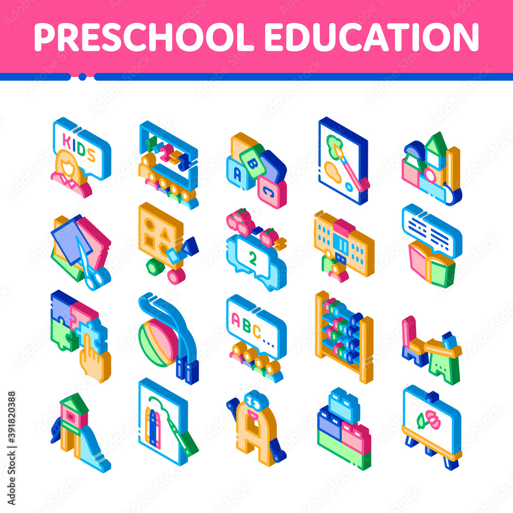 Preschool Education Icons Set Vector. Isometric Preschool Educational Game And Lessons, Teacher And Kids, Painting And Count Illustrations