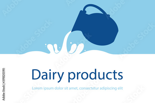 Milk pours from a jug. Dairy products. Vector illustration.