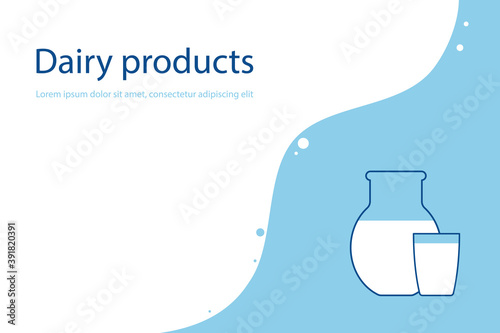 Dairy products, glass and jug with a white drink. vector illustration.