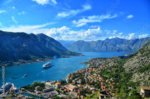 Summer Montenegro. Beautiful Kotor bay panorama view with cruise ship. Travel Europe Mediterranean blue sea 