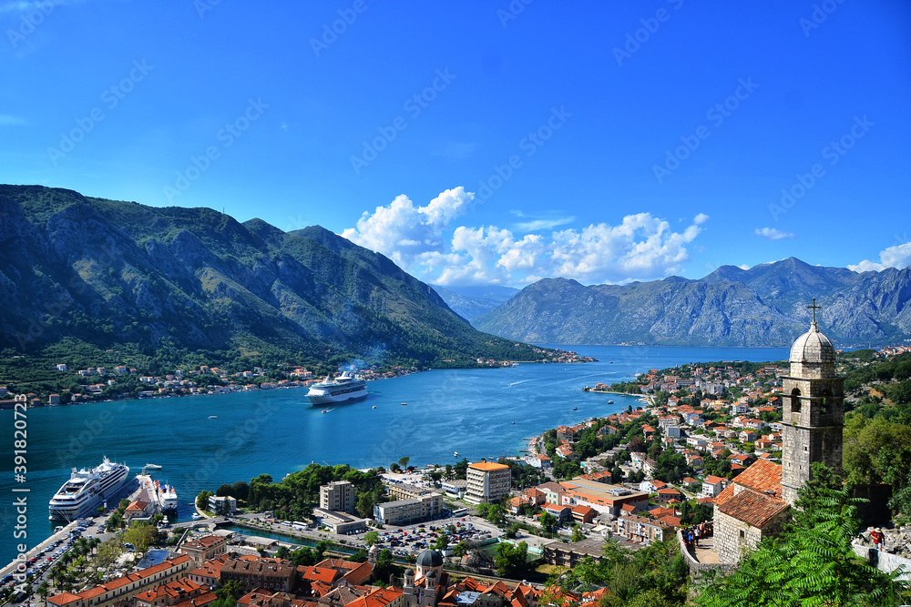 view of Kotor bay mediterranean blue sea. Cruise ship in Europe Montenegro