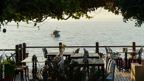restaurant with sea view at sunset. Side Antalya in Turkey