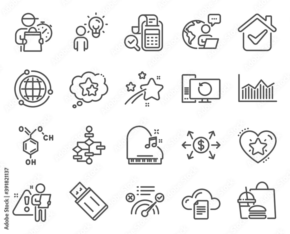 Fototapeta premium Education icons set. Included icon as Usb flash, Ranking stars, Globe signs. Correct answer, Piano, Dollar exchange symbols. Ranking star, Block diagram, Group people. Bill accounting. Vector