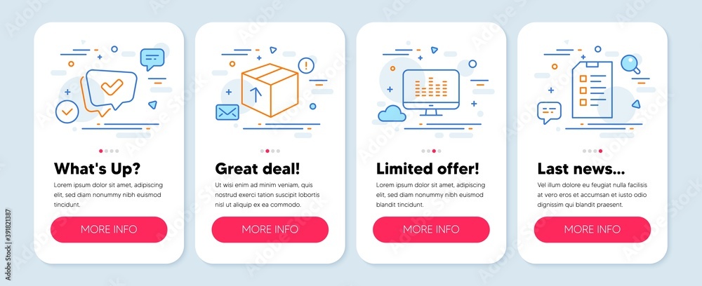 Set of Business icons, such as Package, Approved, Music making symbols. Mobile app mockup banners. Checklist line icons. Delivery pack, Chat message, Dj app. Data list. Package icons. Vector