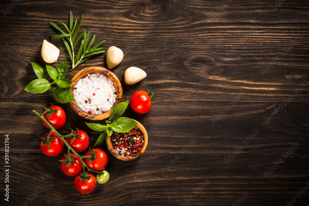 Food cooking background top view.