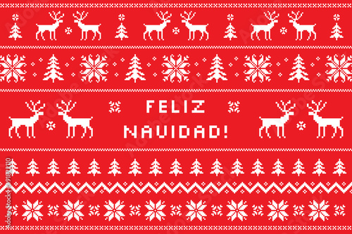 Merry Christmas on spanish - Feliz Navidad greeting card with classical winter sweater design. Nordic knitted pattern with deers, snowflakes and borders. Vector illustration