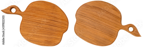 Wooden pizza or bread cutting board. In the form of an apple. Top view mock up