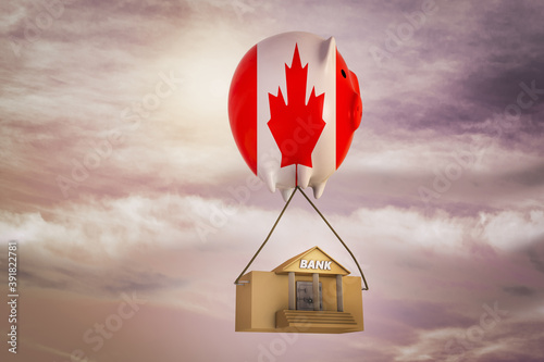 Bank building carried by a canada balloon at sunset magenta day. Canadian Bank Stocks to Buy or Bank stocks are an all-weather play for income or growth potential concept. 3D illustration photo