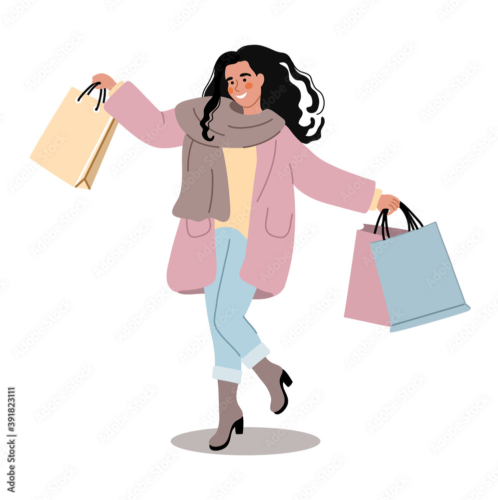 Smiling woman in fashionable clothes with shopping bags. Seasonal sale. Cute vector illustration drawing in flat style. Happy woman or girl shopping sale concept.