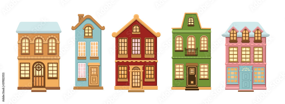 Set of cartoon houses in different color. Traditional architecture facades. Vector illustration in flat style.