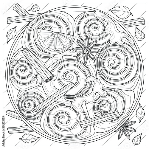 Cinnamon rolls.Coloring book antistress for children and adults. Illustration isolated on white background.Zen-tangle style.