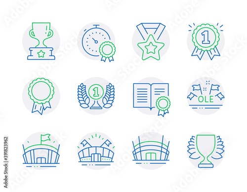Sports icons set. Included icon as Success, Best result, Winner cup signs. Arena, Winner ribbon, Laureate award symbols. Reward, Arena stadium, Diploma. Ole chant line icons. Vector