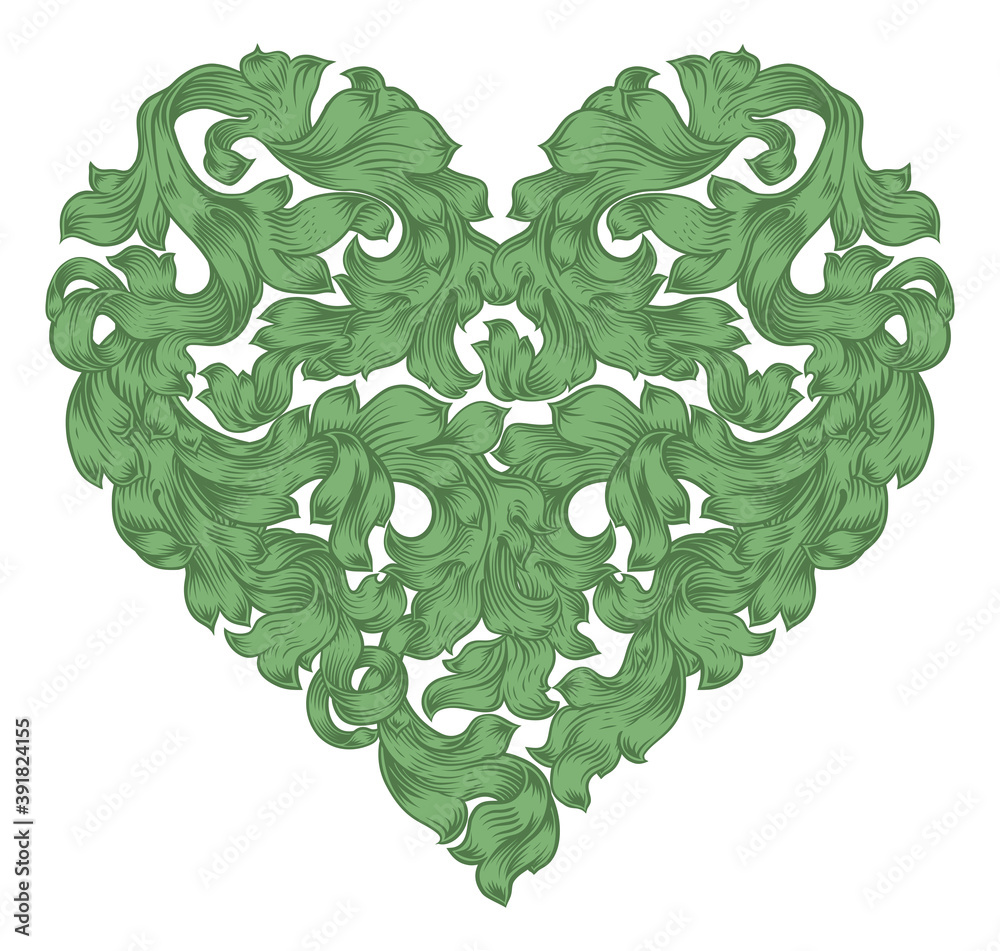 A love heart shape pattern floral vintage style woodcut etching engraving design. A Valentines or Mothers day drawing concept