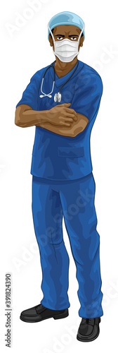 A doctor or nurse medical healthcare professional character wearing scrubs uniform. With arms folded and serious but caring look. Wearing PPE including face mask.