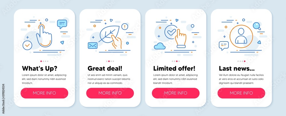 Set of People icons, such as Organic tested, Hand click, Checkbox symbols. Mobile screen mockup banners. Avatar line icons. Paraben, Location pointer, Confirmed. User profile. Vector