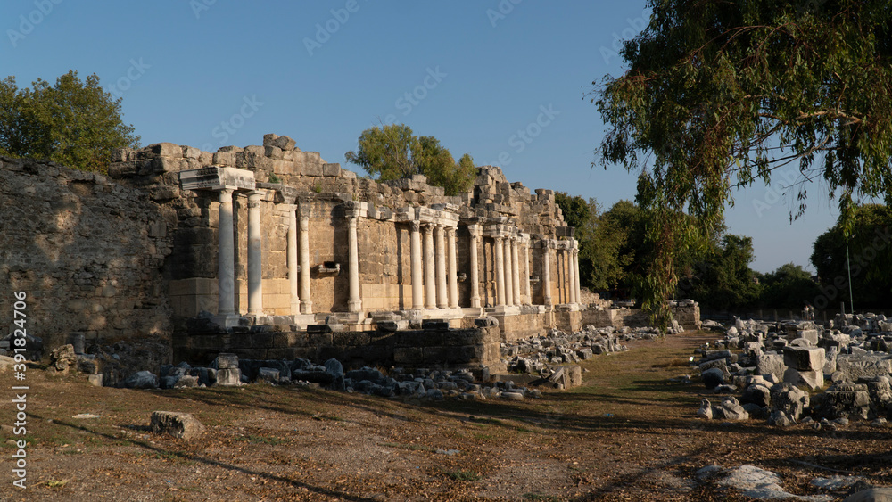 The monumental fountain, the Nymphaeum in the ancient / Side Antalya Turkey