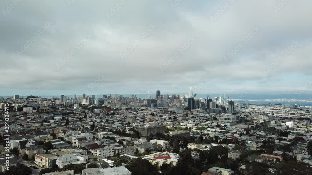Downtown area of the city of San Francisco California on overcast day, Aerial approach shot Downtown area of the city of San Francisco California on overcast day, Aerial approach shot