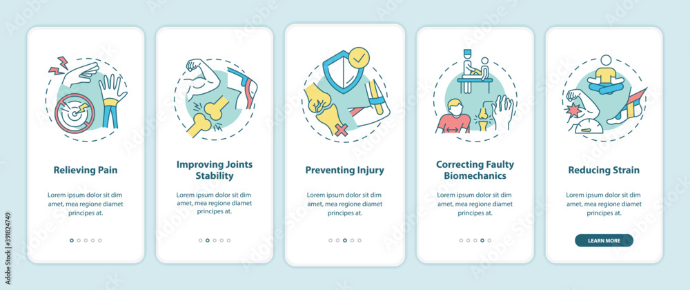 Muscle pain relieve onboarding mobile app page screen with concepts. Kinesiology treatment walkthrough 5 steps graphic instructions. UI vector template with RGB color illustrations