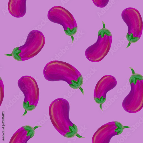 Colorful eggplant pattern. Hand drawn ornament on a purple background. Bright fresh vegetable. Seamless pattern of purple eggplant on a purple background. Juicy appetizing pattern. Hand-drawn
