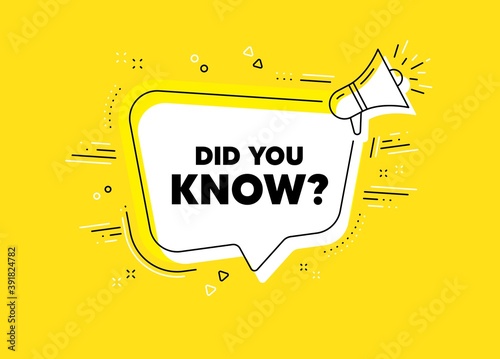 Did you know. Megaphone yellow vector banner. Special offer question sign. Interesting facts symbol. Thought speech bubble with quotes. Did you know chat think megaphone message. Vector