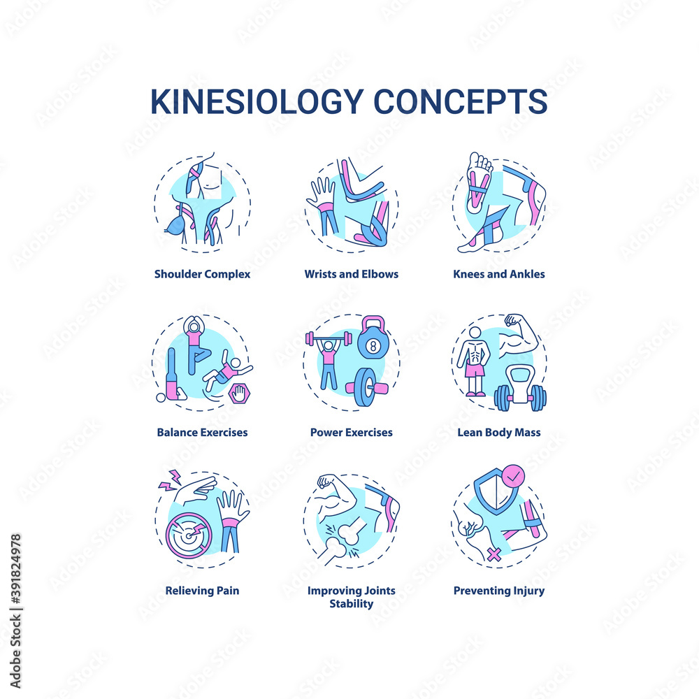 Kinesiology concept icons set. Aerobics exercise. Sports workout. Human body movement. Health care idea thin line RGB color illustrations. Vector isolated outline drawings. Editable stroke