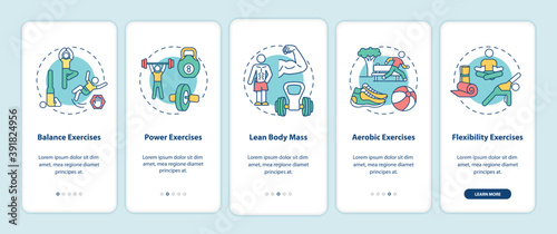 Exercises onboarding mobile app page screen with concepts. Fitness training. Aerobics workout. Physical health walkthrough 5 steps graphic instructions. UI vector template with RGB color illustrations
