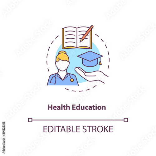 Health education concept icon. Medical science. Doctor training. School lesson. Physical healthcare. Kinesiology idea thin line illustration. Vector isolated outline RGB color drawing. Editable stroke