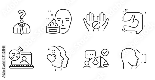 Medical tablet, Hiring employees and Face cream line icons set. Like, Heart and Online chemistry signs. Face id, Lawyer symbols. Medicine pill, Human resources, Gel. People set. Vector