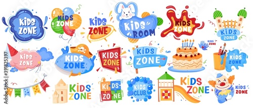 Kid zone playground or children education calssroom for games set of vector illustration banners. Baby area, play room signs, labels. Kindergarten entertainment children kids zone.