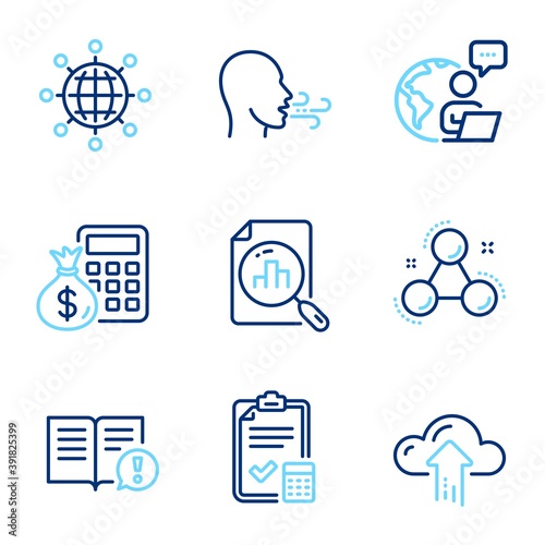 Education icons set. Included icon as Cloud upload, Analytics graph, Finance calculator signs. International globe, Breathing exercise, Chemistry molecule symbols. Accounting checklist. Vector