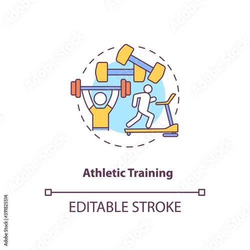 Athletic training concept icon. Gym workout. Exercise on treadmill. Weight lifting. Body care. Kinesiology idea thin line illustration. Vector isolated outline RGB color drawing. Editable stroke
