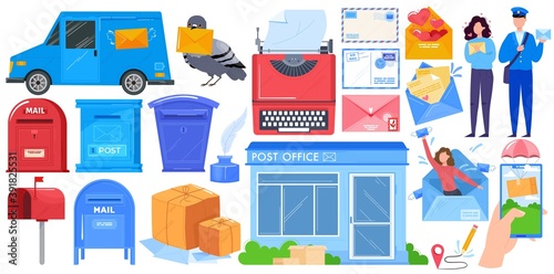 Mail delivery, post shipping service islated icons set with mailbox, post office parcels, mailman and postoffice vector illustration. Envelope, postage, love letters, packages. Postbox correspondence.