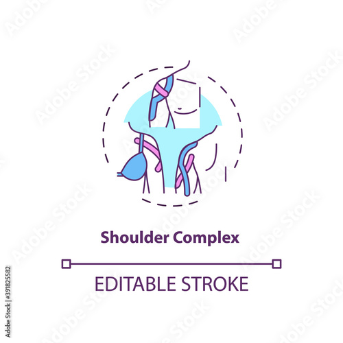 Shoulder complex concept icon. Muscle sprain protection. Anatomical diagram. Prevent injury. Kinesiology tape idea thin line illustration. Vector isolated outline RGB color drawing. Editable stroke