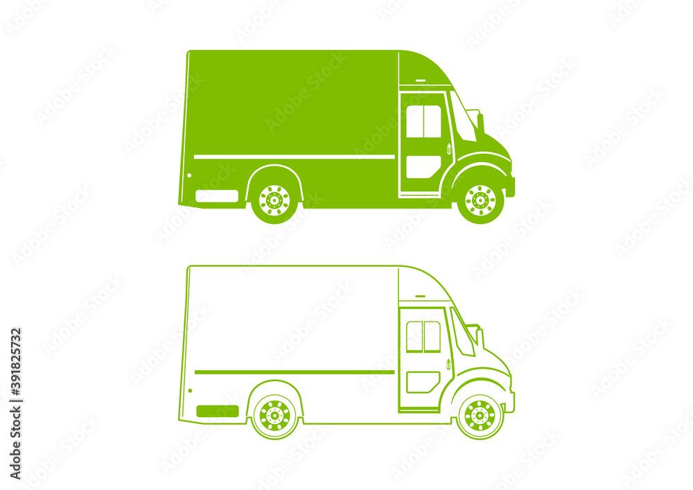 Eco-friendly step van. Modern green zero emission courier van silhouette. Side view. Flat vector. Eco-friendly step van. Modern green zero emission courier van silhouette. Side view. Flat vector.