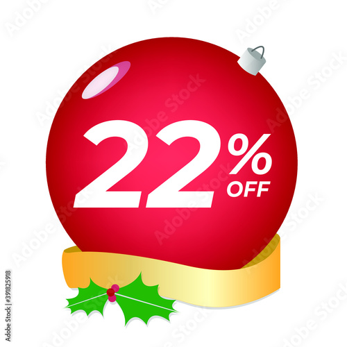 22% off. Twenty-two percent discount. Christmas sale banner. Red bubble with ornaments on a white background vector.