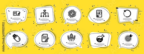 Science icons set. Speech bubble offer banners. Yellow coupon badge. Included icon as Feedback, Usb stick, Chemistry lab signs. Article, Hdd, Fair trade symbols. Vector