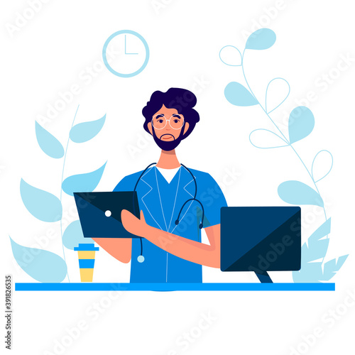 Male doctor with digital tablet in his hands sits at his desk. Vector illustration in flat style