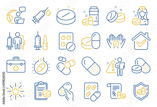 Medical drugs line icons. Healthcare, Prescription and Pill signs. Pharmacy drugs, medical nurse, recipe pill icons. Antibiotic capsule, syringe vaccination, medicine cure. Line icon set. Vector