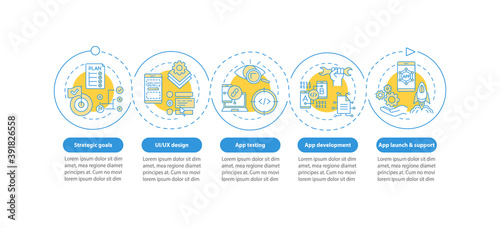 Mobile app development process vector infographic template. App testing process presentation design elements. Data visualization with 5 steps. Process timeline chart. Workflow layout with linear icons