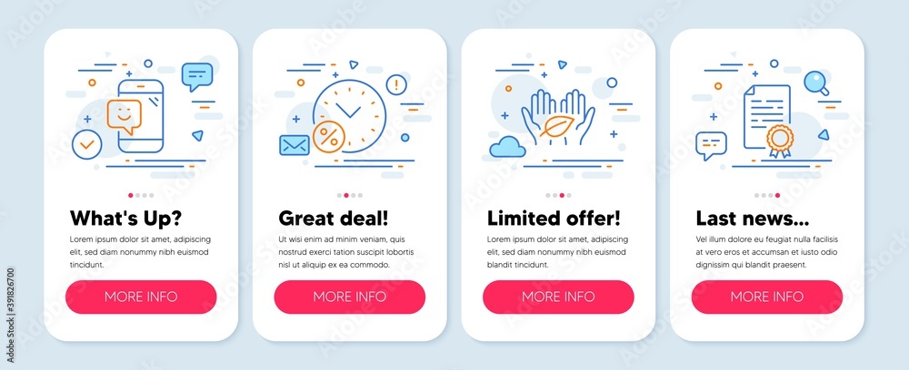 Set of Business icons, such as Loan percent, Smile, Fair trade symbols. Mobile screen banners. Certificate diploma line icons. Discount, Phone feedback, Safe nature. Document file. Vector